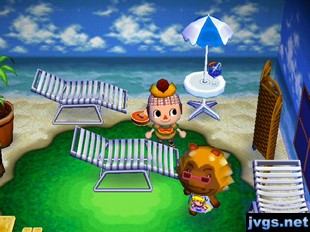 A lion villager with three beach chairs in his house.
