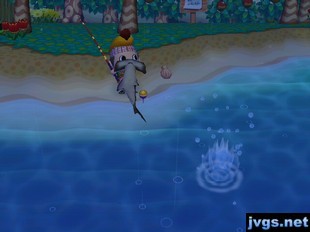 Fishing a hammerhead shark out of the ocean in Animal Crossing: City Folk (ACCF) for Nintendo Wii.