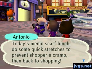 Antonio: Today's menu: scarf lunch, do some quick stretches to prevent shopper's cramp, then back to shopping!