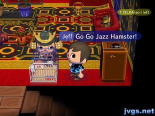 Bushido and Jeff look at the hamster cage as Jeff says "Go Go Jazz Hamster!"