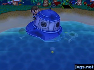 Gulliver's UFO crash-landed on the beach in Animal Crossing: City Folk (ACCF) for Nintendo Wii.