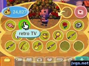 My inventory screen, showing a retro TV and a spaceship part, among other items.