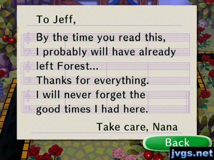 To Jeff, By the time you read this, I probably will have already left Forest... Thanks for everything. I will never forget the good times I had here. -Take care, Nana