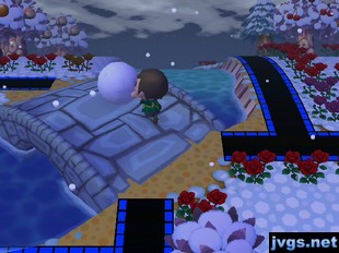 Jeff pushes a medium-sized snowball over a bridge in Animal Crossing City Folk (ACCF) for Wii.