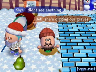 Jeff, dressed as Yukon Cornelius and in a pitfall: She's digging our graves.