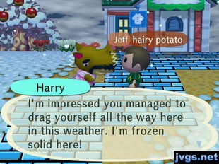 Harry: I'm impressed you managed to drag yourself all the way here in this weather. I'm frozen solid here!