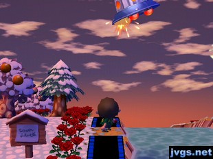 Shooting a flying saucer (UFO) with my slingshot at sunset in Animal Crossing: City Folk (ACCF) for Wii.