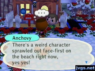 Anchovy: There's a weird character sprawled out face-first on the beach right now, yes yes!