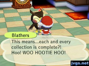 Blathers: This means...each and every collection is complete?! Hoo! WOO HOOTIE HOO!
