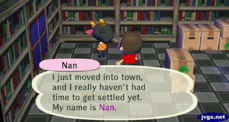 Nan: I just moved into town, and I really haven't had time to get settled yet. My name is Nan.