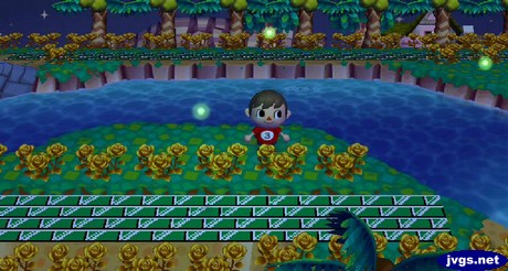 Three fireflies fly near the river in Animal Crossing: City Folk (ACCF) for Nintendo Wii.