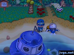 Gulliver washed up on the beach near his spaceship.