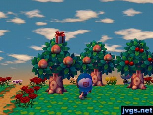 A balloon present falls after being shot down by my slingshot in Animal Crossing: City Folk.