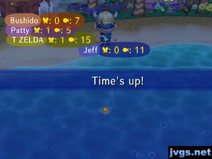 Bushido: 0 bugs, 7 fish. Patty: 1 bug, 5 fish. T Zelda: 1 bug, 15 fish. Jeff: 0 bugs, 11 fish.