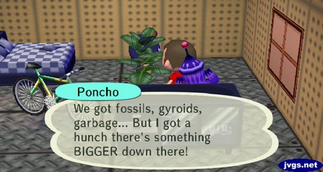 Poncho: We got fossils, gyroids, garbage... But I got a hunch there's something BIGGER down there!