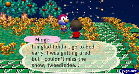Midge, wearing a rainbow bikini: I'm glad I didn't go to bed early. I was getting tired, but I couldn't miss the show, tweedledee...