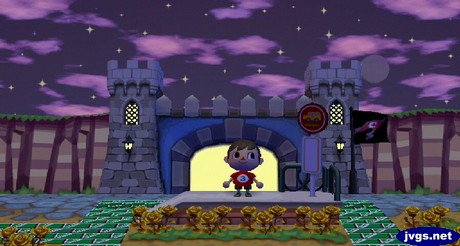 The purple, starry sky appears above my castle gate wall in Animal Crossing: City Folk for Nintendo Wii.