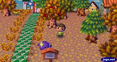 Static hides behind a sign post during a game of hide and seek in Animal Crossing: City Folk.