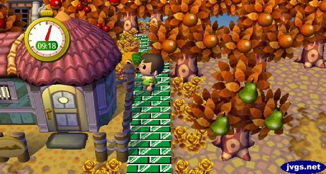 Tangy peeks out from behind Nan's house during a game of hide and seek in Animal Crossing: City Folk.