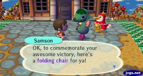 Samson: OK, to commemorate your awesome victory, here's a folding chair for ya!