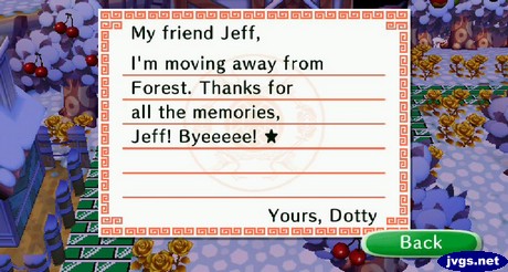 My friend Jeff, I'm moving away from Forest. Thanks for all the memories, Jeff! Byeeeee! -Yours, Dotty
