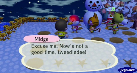 Midge: Excuse me. Now's not a good time, tweedledee!