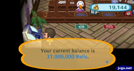 Your current balance is 31,000,000 bells.