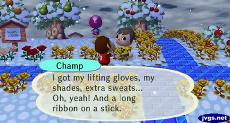 Champ: I got my lifting gloves, my shades, extra sweats... Oh, yeah! And a long ribbon on a stick.
