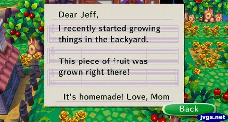 Dear Jeff, I recently started growing things in the backyard. This piece of fruit was grown right there! It's homemade! -Love, Mom