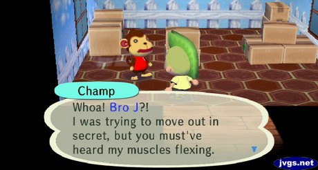 Champ: Whoa! Bro J?! I was trying to move out in secret, but you must've heard my muscles flexing.