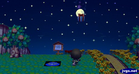 Using my slingshot to shoot down a balloon present in Animal Crossing: City Folk.