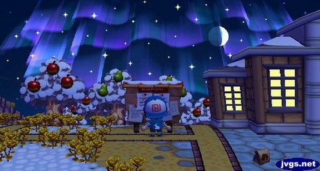 An aurora shines in the sky over town hall and the bulletin board in Animal Crossing: City Folk.