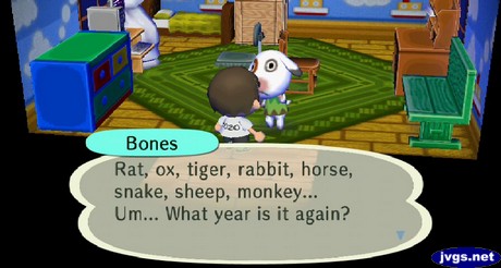 Bones: Rat, ox, tiger, rabbit, horse, snake, sheep, monkey... Um... What year is it again?