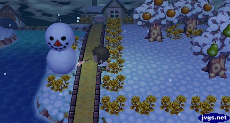 Jeff tries to burn a snowman with a Roman candle in Animal Crossing: City Folk.