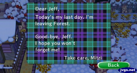 Dear Jeff, Today's my last day. I'm leaving Forest. Good-bye, Jeff. I hope you won't forget me! -Take care, Mitzi