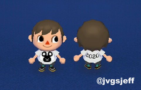 Jeff models the New Year's shirt 2020 in Animal Crossing: City Folk. The shirt is white, has a rat on the front, and 2020 on the back.