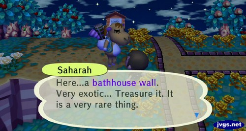 Saharah: Here...a bathhouse wall. Very exotic... Treasure it. It is a very rare thing.