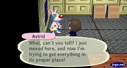 Astrid: What, can't you tell? I just moved here, and now I'm trying to get everything in its proper place!