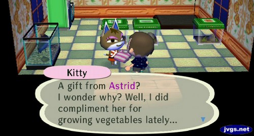 Kitty: A gift from Astrid? I wonder why? Well, I did compliment her for growing vegetables lately...