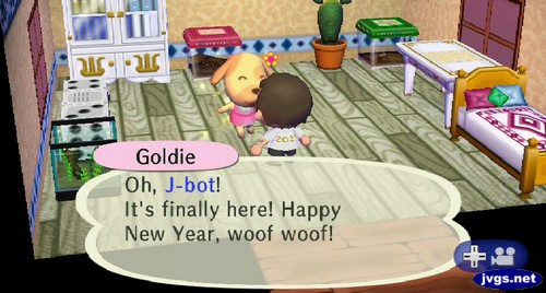 Goldie: Oh, J-bot! It's finally here! Happy New Year, woof woof!