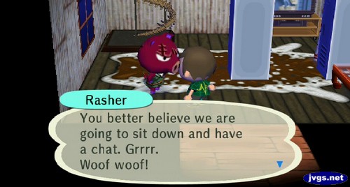 Rasher: You better believe we are going to sit down and have a chat. Grrrr. Woof woof!