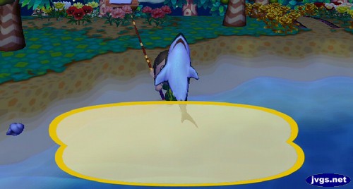 Catching a shark in Animal Crossing: City Folk.