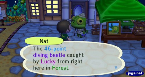 Nat: The 46-point diving beetle caught by Lucky from right here in Forest.