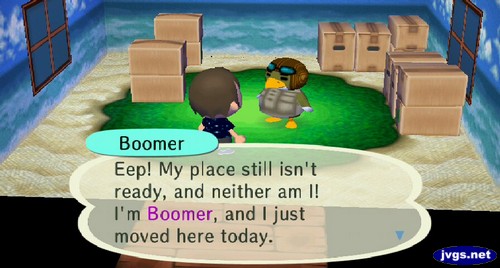 Boomer: Eep! My place still isn't ready, and neither am I! I'm Boomer, and I just moved here today.