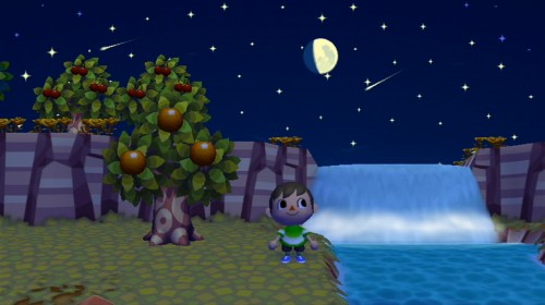 Two shooting stars fly by during a meteor shower in Animal Crossing: City Folk.