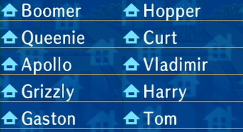 My current villagers: Boomer, Queenie, Apollo, Grizzly, Gaston, Hopper, Curt, Vladimir, Harry, Tom.