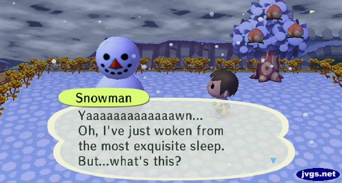 Snowman: Yaaaaaaaaaaaaaawn... Oh, I've just woken from the most exquisite sleep. But...what's this?