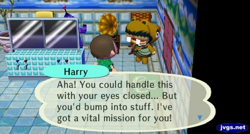 Harry: Aha! You could handle this with your eyes closed... But you'd bump into stuff. I've got a vital mission for you!