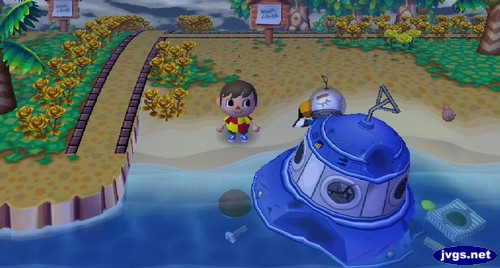 Gulliver sleeps near his crash-landed UFO in Animal Crossing: City Folk.