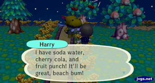 Harry: I have soda water, cherry cola, and fruit punch! It'll be great, beach bum!